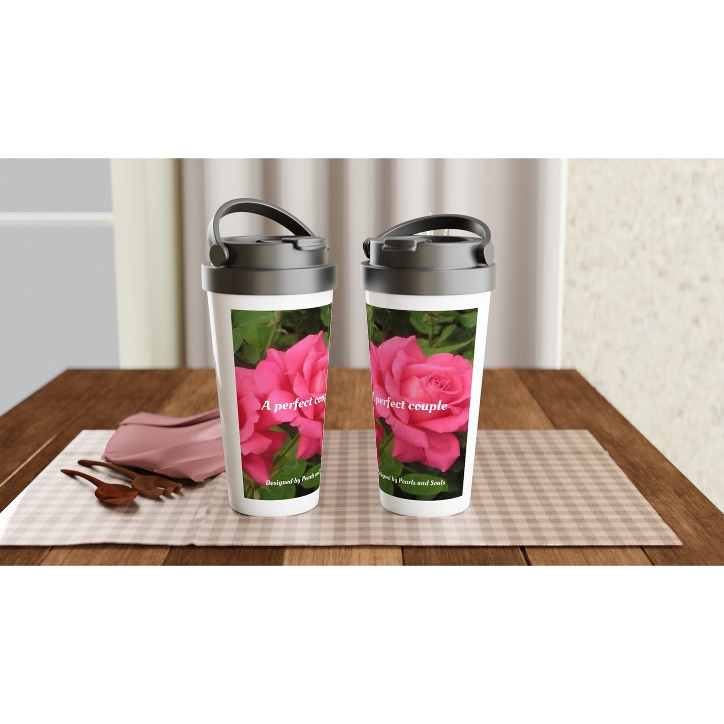 A perfect couple pink roses White 15oz Stainless Steel Travel Mug