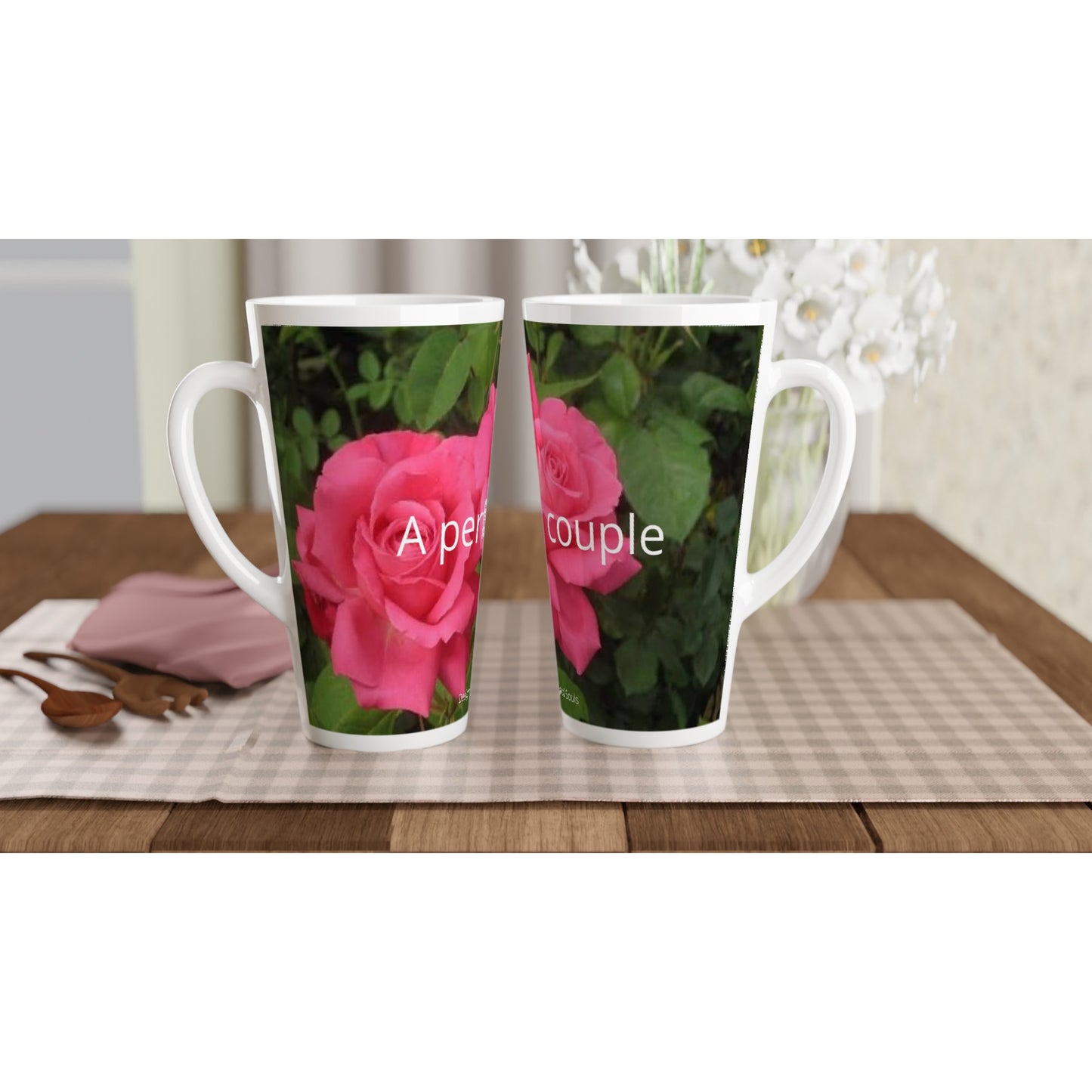 A perfect couple pink roses White Latte 17oz Ceramic Mug perfect for Valentine's Day